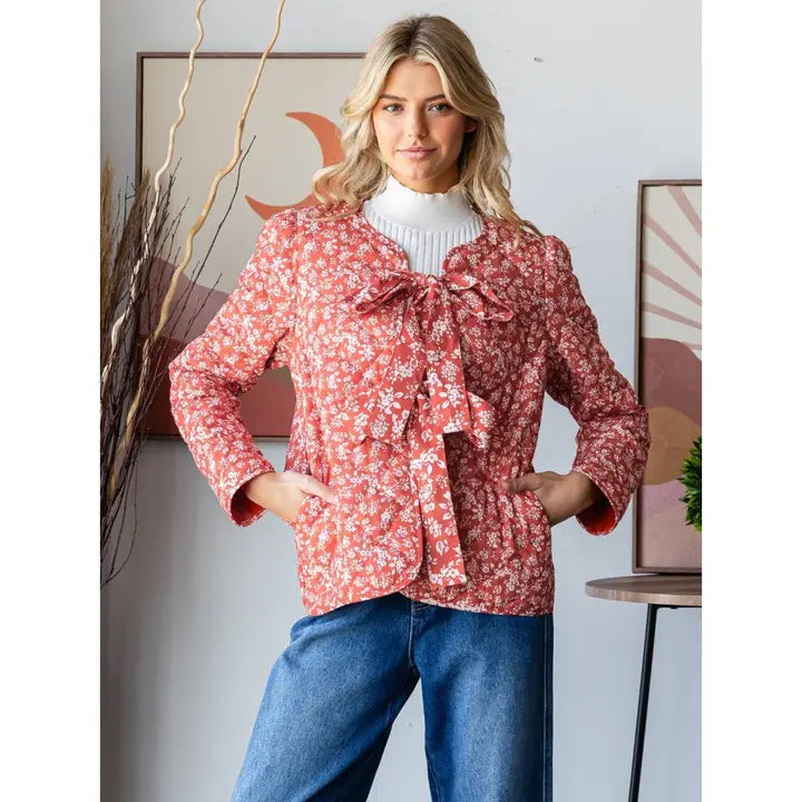 Veveret Floral Quilted Front Ribbon Jacket in Rust