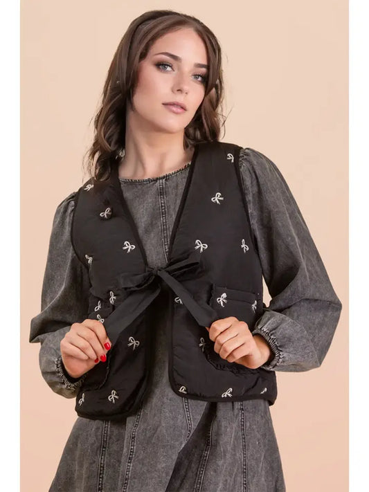 New In Black Quilted Ribbon Tie Bow Vest