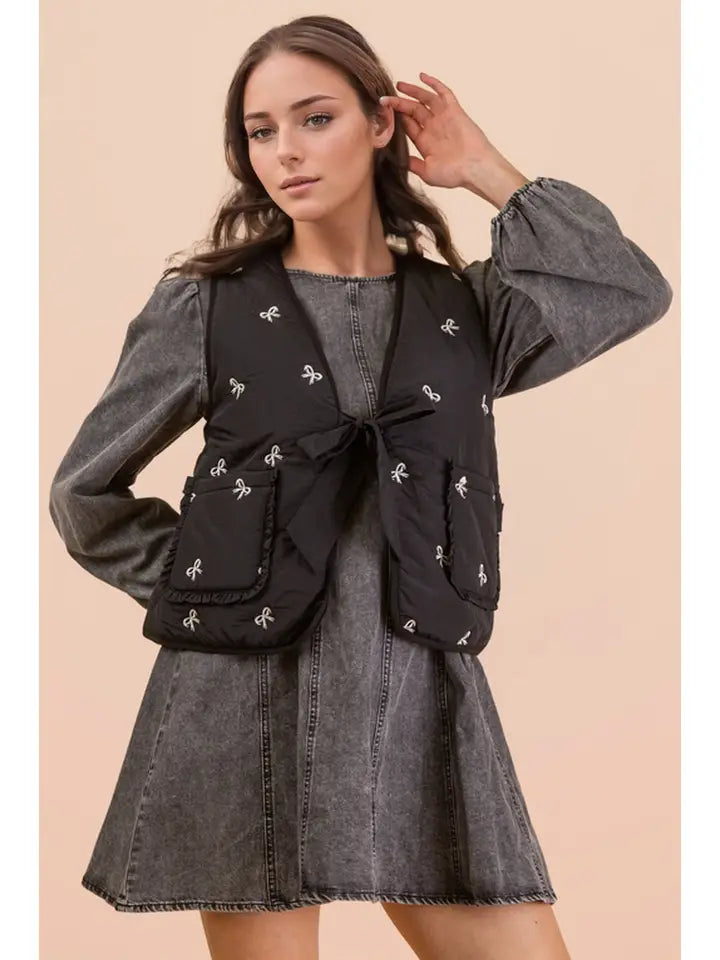 New In Black Quilted Ribbon Tie Bow Vest