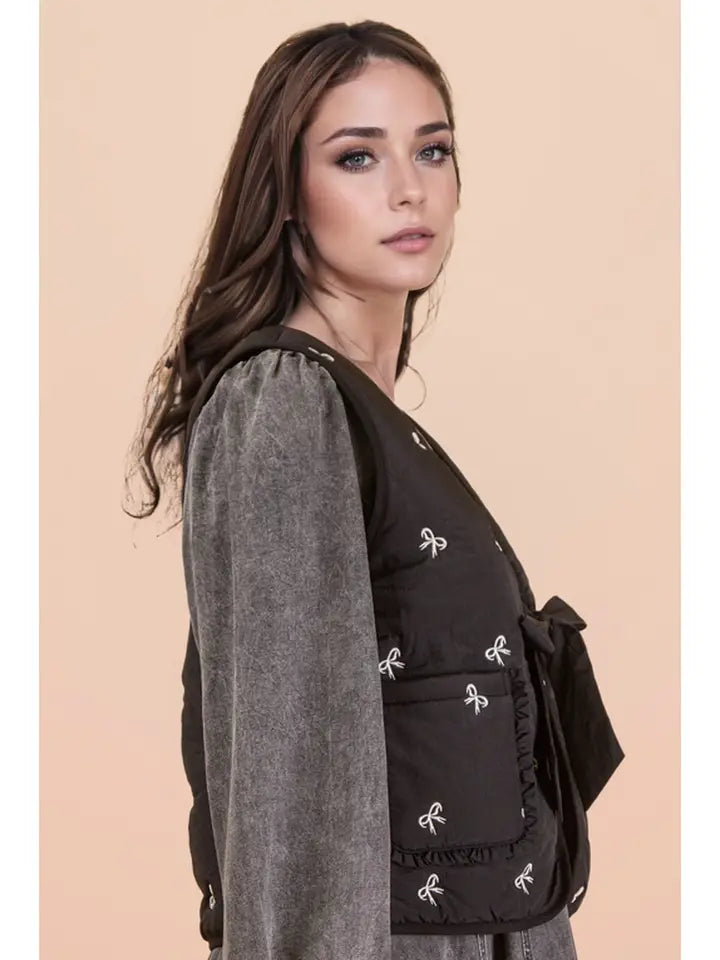 New In Black Quilted Ribbon Tie Bow Vest