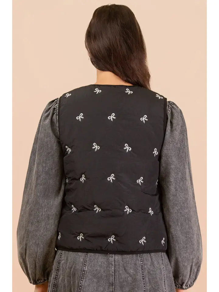 New In Black Quilted Ribbon Tie Bow Vest
