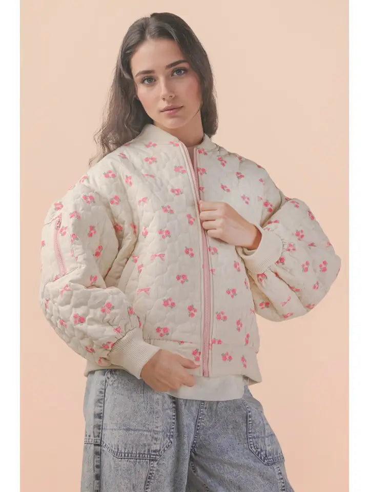 New In Floral Printed Quilt Oversized Casual Jacket
