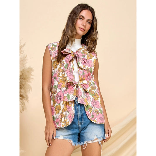 Veveret Quilted Floral Ribbon Tie Vest
