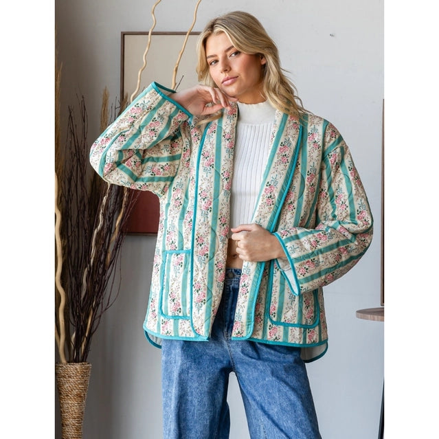 Veveret Quilted Stripe Flower Open Jacket