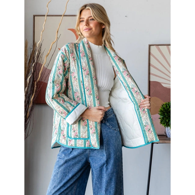 Veveret Quilted Stripe Flower Open Jacket