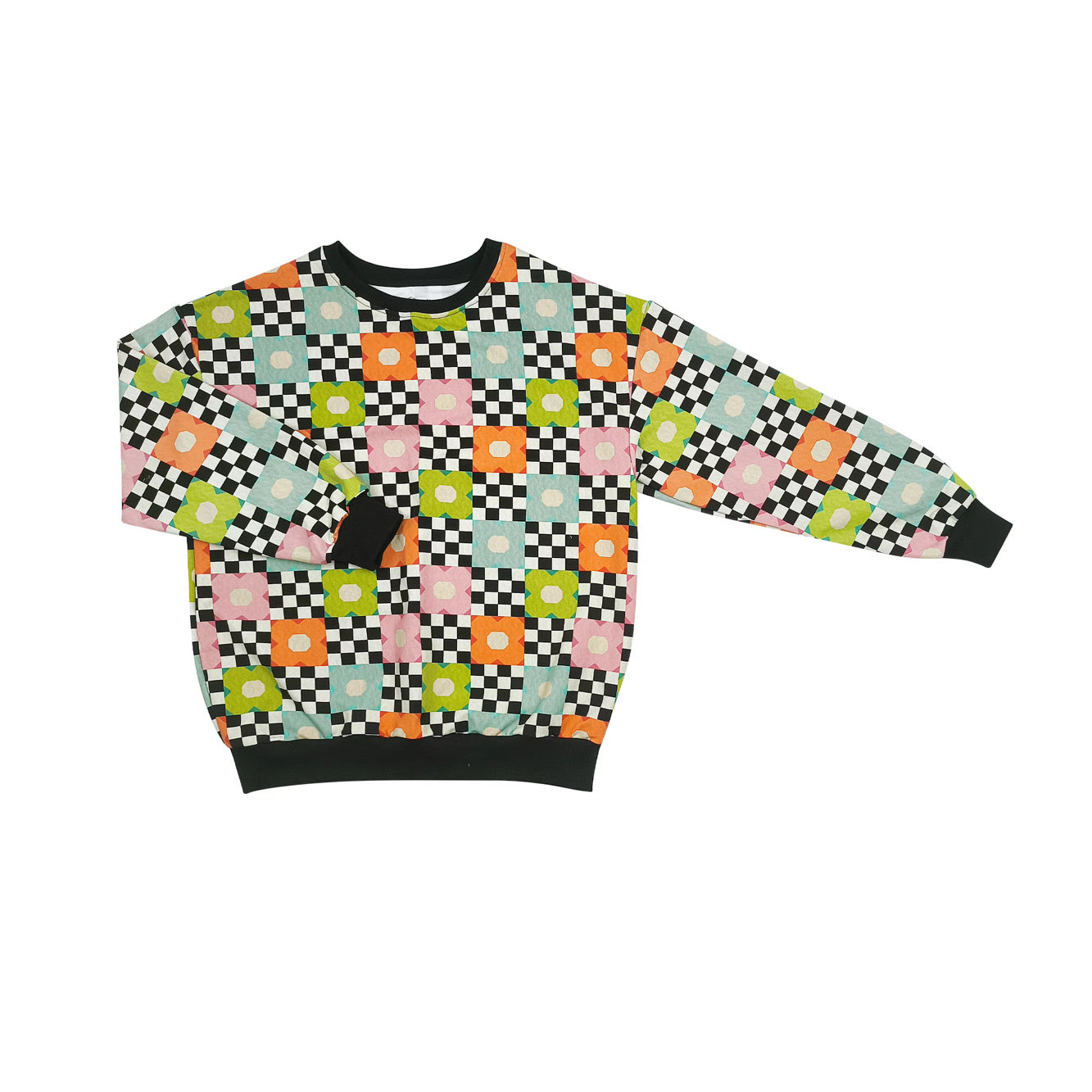 Midnight Fleur Women's Quilted Style Checkered Cotton Crewneck Sweatshirt