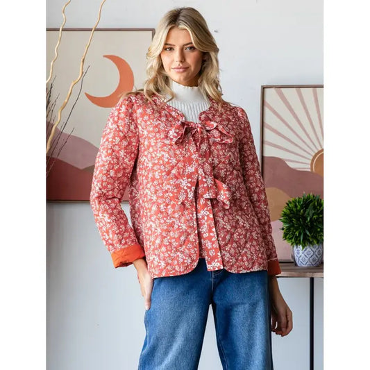 Veveret Floral Quilted Front Ribbon Jacket in Rust