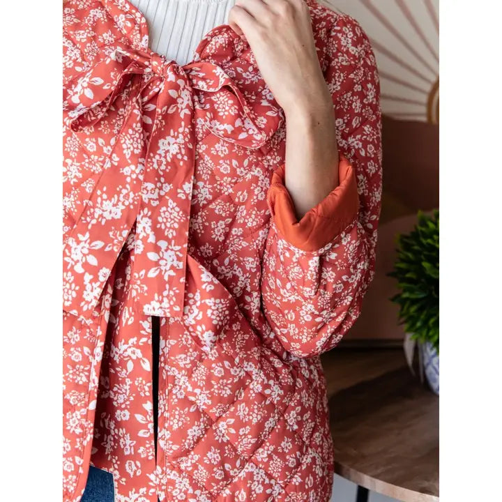Veveret Floral Quilted Front Ribbon Jacket in Rust