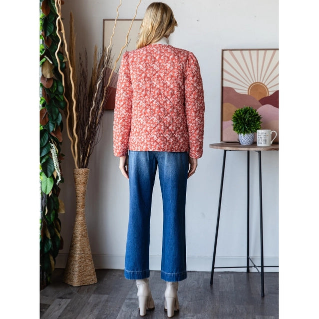 Veveret Floral Quilted Front Ribbon Jacket in Rust