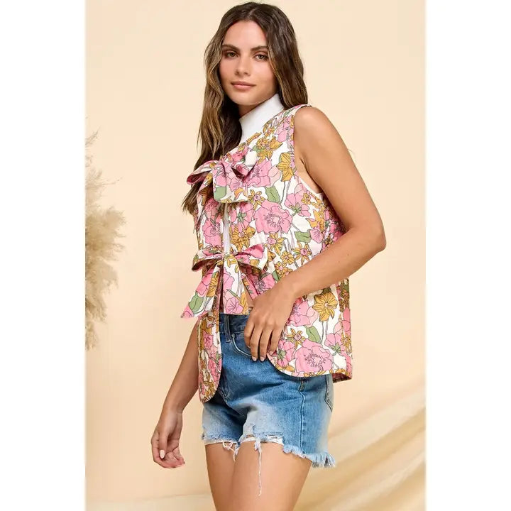 Veveret Quilted Floral Ribbon Tie Vest