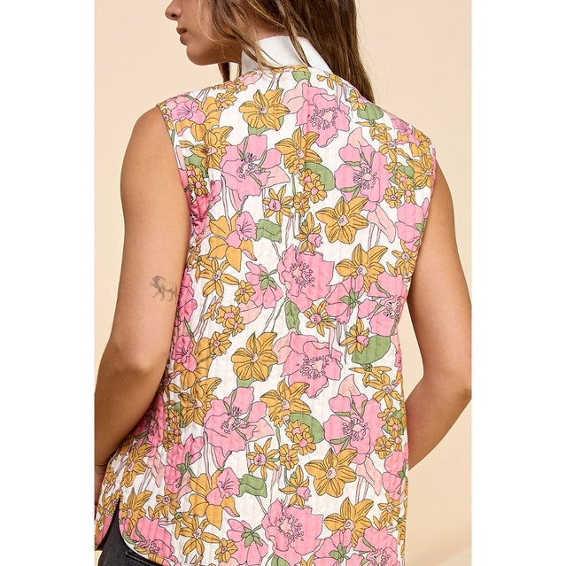 Veveret Quilted Floral Ribbon Tie Vest